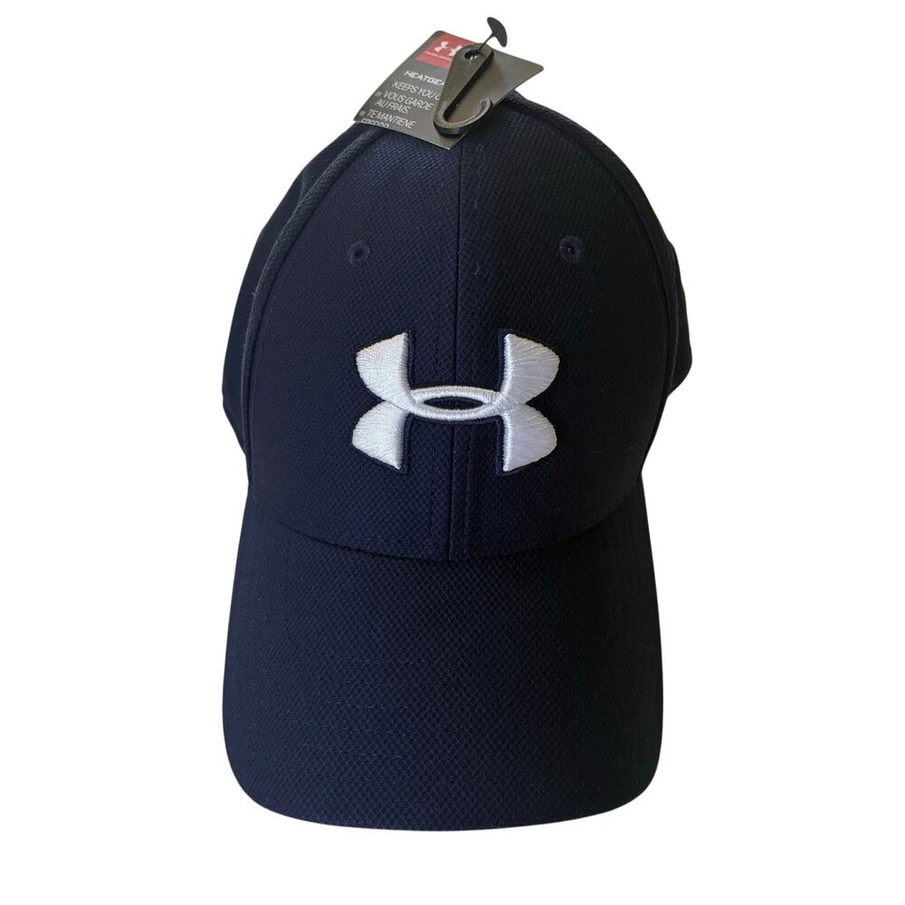 NWT Under Armour Navy Blue FlexFit White Logo Fitted Hat Cap Golf Men’s L/XL